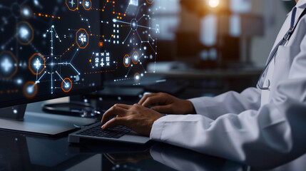A man in a lab coat concentrates on his laptop computer, analyzing data and conducting experiments in a high-tech laboratory - obrazy, fototapety, plakaty