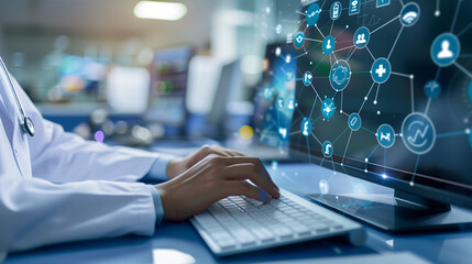 A doctor in scrubs with a stethoscope typing passionately on a computer keyboard in a modern medical office, Medicine doctor hand working with modern computer interface as medical network concept,