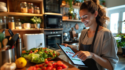 A woman stands in a modern kitchen, engrossed in a tablet screen displaying a recipe, with ingredients and utensils scattered around her