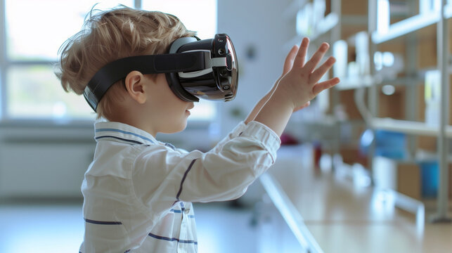 A young boy immersed in a virtual reality experience, exploring a new world through a VR headset