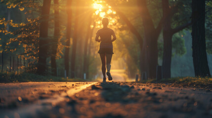 A person runs energetically through a dense forest as the sun sets, casting a warm golden glow over...