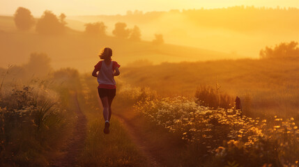 A woman with flowing hair and graceful movements runs through a golden field during a vibrant sunset