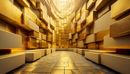 Abstract background made of irregularly stacked golden cuboids.