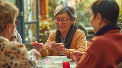 A group of diverse elderly women engaged in a lively card game around a table, sharing laughter and competition in a warm and welcoming setting, senior woman - Powered by Adobe