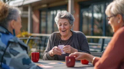 A group of senior women gathered around a table, engrossed in a game of cards, showcasing a diverse range of expressions and interactions, elderly people