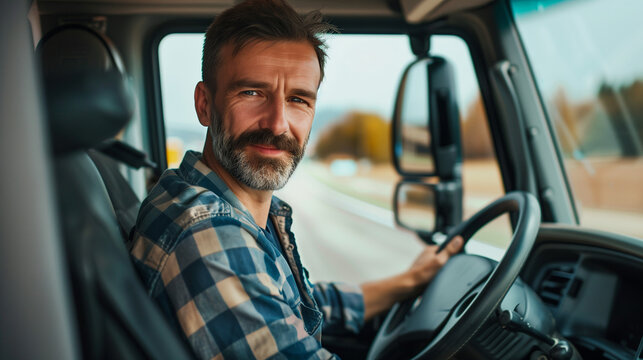 A man confidently sits in the drivers seat of a truck, ready to hit the open road ahead