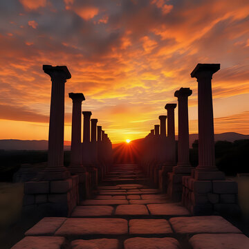 Generate photos of sunsets casting a warm glow on the ancient ruins - generated by ai
