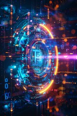 Obraz premium Bitcoin neon illustration, pulsating with vibrant blue, orange, and pink hues
