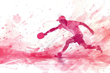 Pink watercolor painting of table tennis player in action on match
