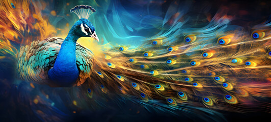Abstract modern art collage portrait of peacock, ai generative