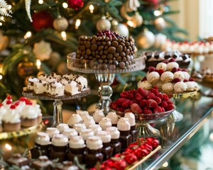 A dessert station at a holiday party where the sweets are festive