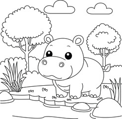 Cute kawaii Hippopotamus cartoon character in the forest background coloring page vector illustration
