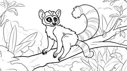 Lemur sits on a tree in the jungle. Coloring page f - obrazy, fototapety, plakaty