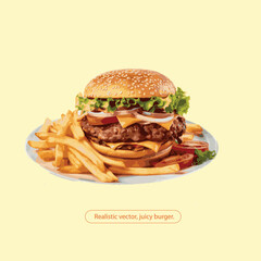 Plate of fries and burger, editable vector illustration.