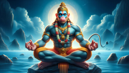 lord Hanuman in the middle of the ocean hanuman ji meditation Generative AI - obrazy, fototapety, plakaty