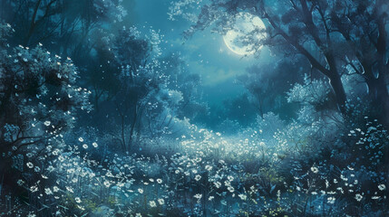 Fototapeta na wymiar A of wildflowers sways gently in the cool night breeze surrounded by the muted greens and blues of the forest. The moons glow gives . .