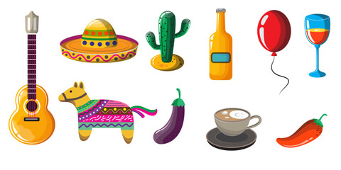 
Mexico illustration. Mexican pattern. Vector illustration with design for the Mexican holiday May 5 Cinco De Mayo. Vector template with Mexican symbols: guitar,flower,hat,balloon,glass.vector eps