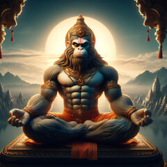 Lord Hanuman Meditation in mountains hanuman ji Generative AI  - obrazy, fototapety, plakaty