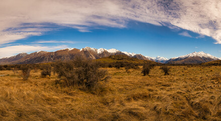 Walking through alpine grasses and thorny bushes towards Mt Sunday (Edoras from Lord of the Rings) with a backdrop of the snow capped Southern Alps