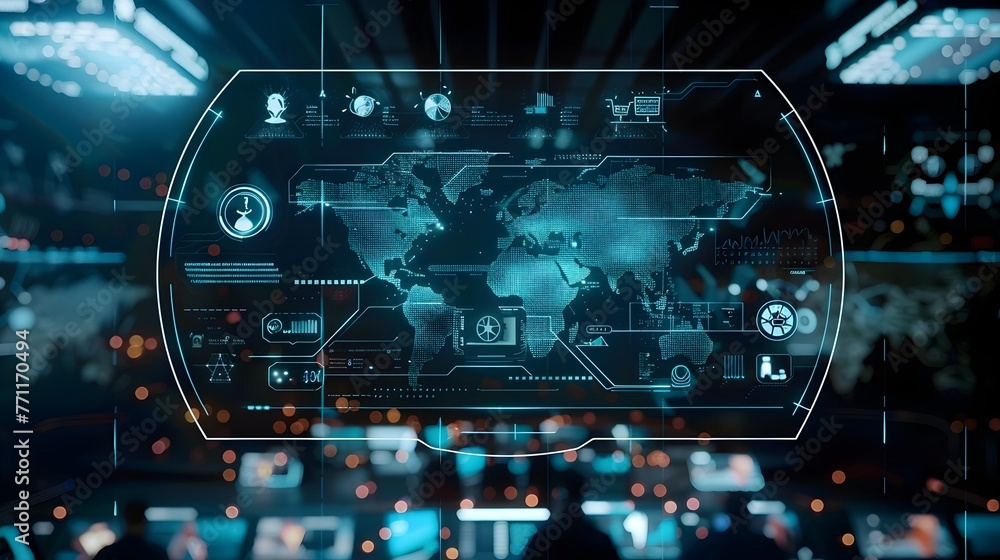 Poster futuristic global governance interface with interactive data visualization and diverse demographic e