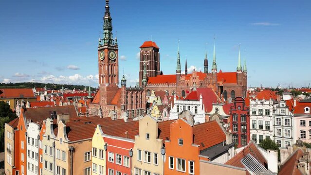 wonderful old big church, beautiful old town city centre with many red houses in gdansk, danzig, gdansk, poland, europe, drone