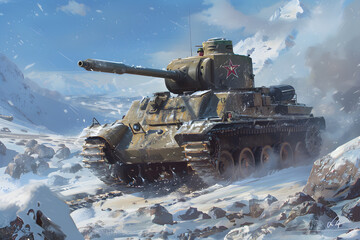 Soviet era relic - The KV1 Tank against a tranquil winter backdrop: A nod to World War II history - obrazy, fototapety, plakaty