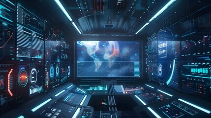 Fototapeta premium Secure Futuristic Dashboard Displaying Live Risk Analytics within a Digital Fortress Backdrop