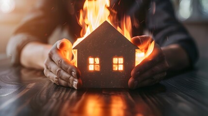 Hands Shielding Fragile Paper House from Encroaching Flames,Symbolizing Proactive Risk Prevention - obrazy, fototapety, plakaty