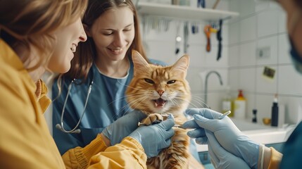 Veterinarian Providing Cat Dental Care Recommendations to Pet Owner with Essential Hygiene Tools