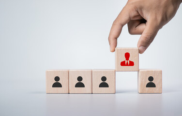 Successful business, entrepreneurship, leadership organizational skills. Hand holding wooden block...