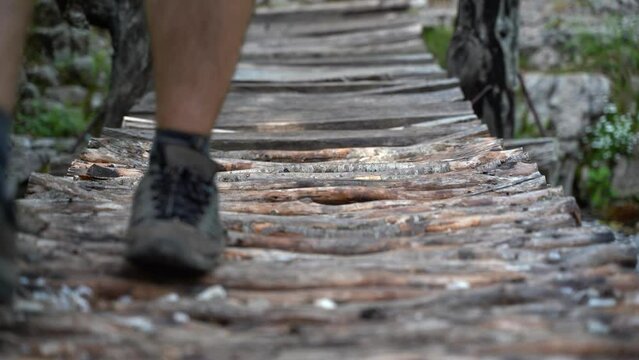 A wooden bridge is crossed while hiking.