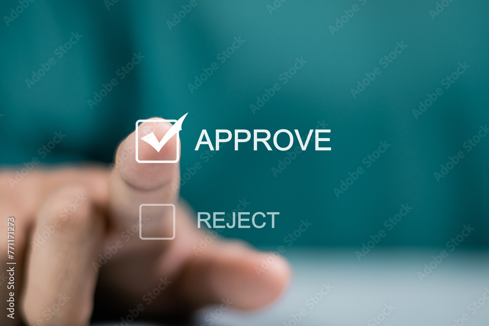 Poster approve concept. businessman touching check mark to approve document or project on virtual screen.