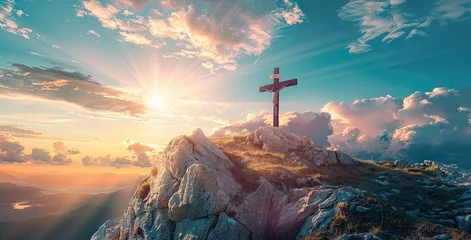 Möbelaufkleber A cross on top of the mountain with sun rays shining through clouds. Easter concept, Beautiful landscape background, stock photo for advertising banner template design, web poster, and flyer present © Art by Afaq