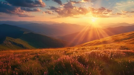 Mountains during sunset. Beautiful natural landscape in the summer time,Sunset with sun and clouds on blue and orange dramatic sky with sun rays,Beautiful bright blue sky panorama with white clouds 
