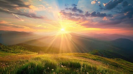 Mountains during sunset. Beautiful natural landscape in the summer time,Sunset with sun and clouds on blue and orange dramatic sky with sun rays,Beautiful bright blue sky panorama with white clouds 
