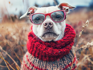 Stylish Dog in Red Scarf and Glasses Enjoying Autumn