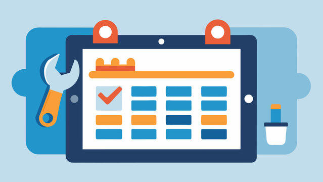 A closeup of a digital maintenance calendar on a tablet screen with reminders and alerts for upcoming maintenance tasks p on a counter next to