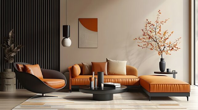 The 3D rendering of minimalist modern living room furniture, featuring orange and light brown styles, naturalistic aesthetics, bright and peaceful still life. For design, 3d render, decoration, lifest