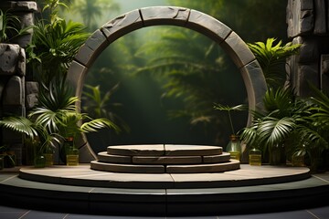 nature product display podium for cosmetic product with green nature garden background, Generative ai