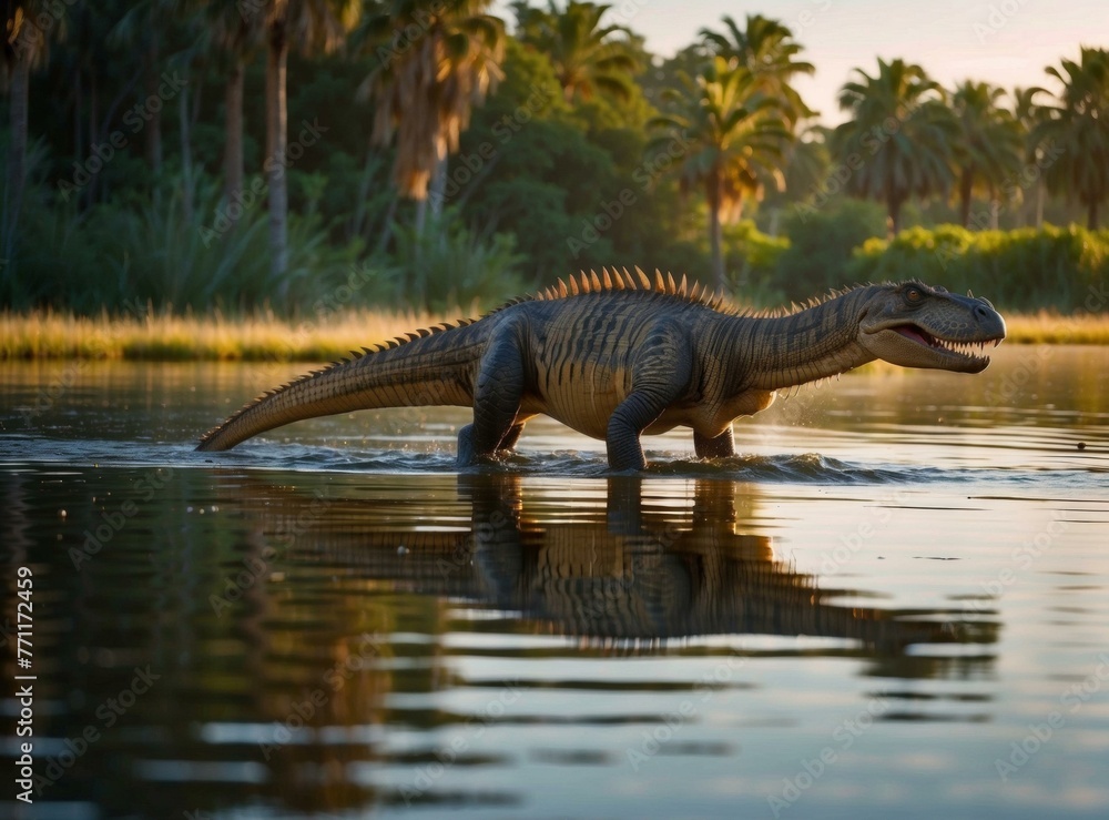 Poster a dinosaur walking across a lake with palm trees in the background. generative ai.