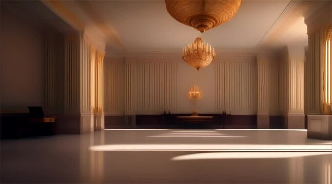 Interior of an empty foyer or lobby of a luxurious hotel, decorated with contemporary chandeliers.