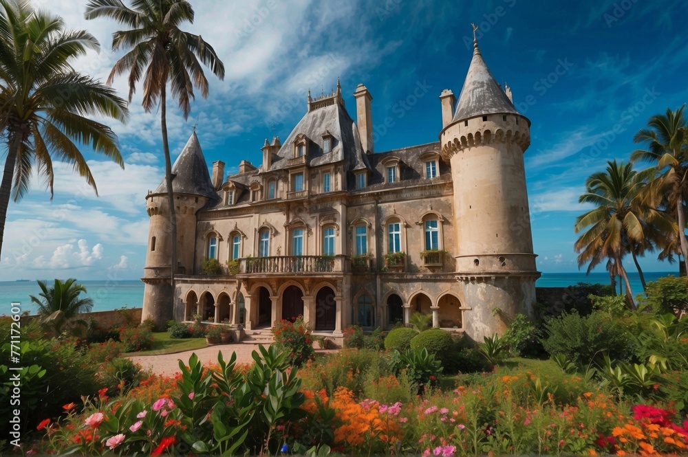 Poster a castle-like building with a large garden and palm trees. generative ai.