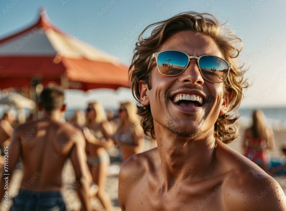 Poster a man with sunglasses on smiling at the camera. generative ai.