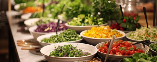 A salad bar oasis with bowls of fresh greens
