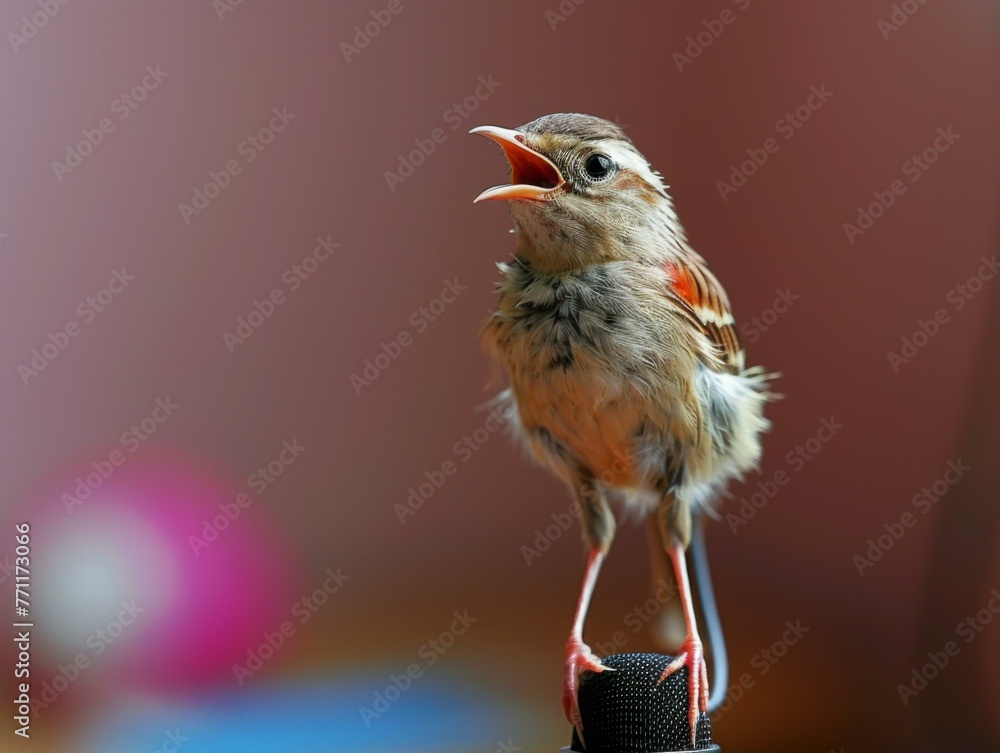 Poster a small bird with its mouth open on top of a microphone. generative ai.