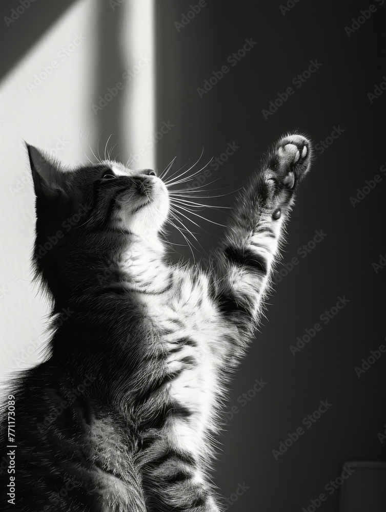 Poster a cat sitting on a window sill with its paw up. generative ai.