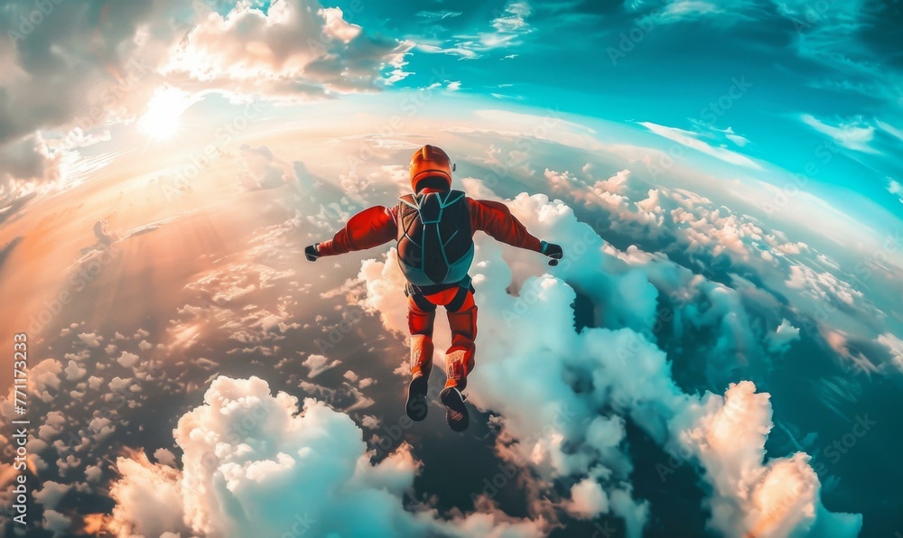 Poster a person is flying through the clouds in a red suit. generative ai.