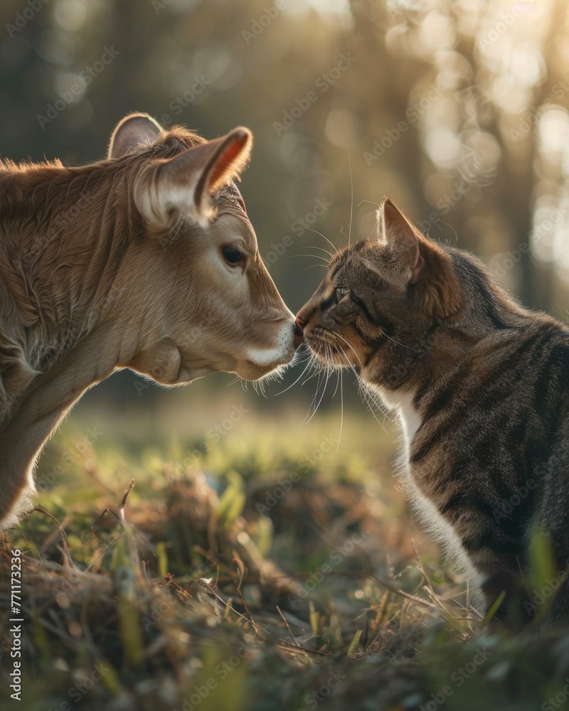 Poster a cat and a cow are nose to nose in the grass. generative ai.