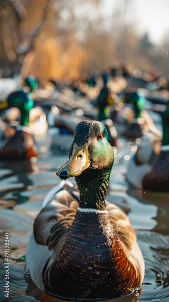 Poster a group of ducks swimming in a pond with many other duck. generative ai.