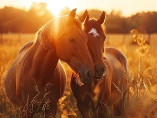 Two horses are standing in a field of tall grass. Generative AI. - obrazy, fototapety, plakaty